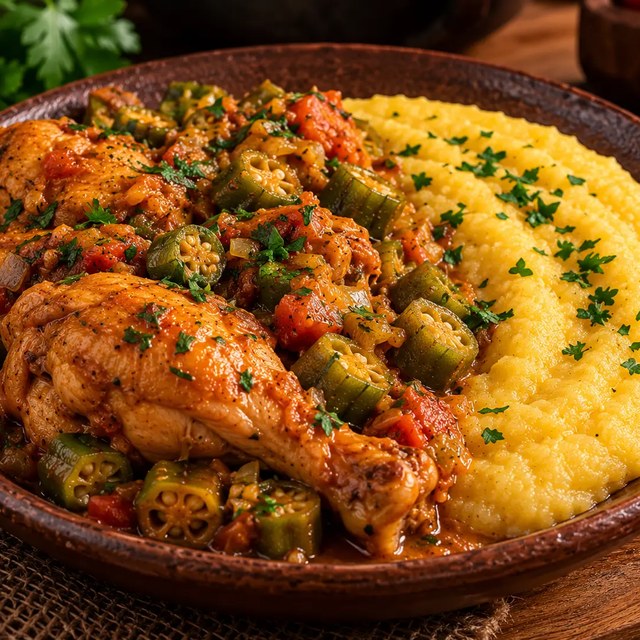 Frango com quiabo ao molho ao lado de angu cremoso, finalizado com cheiro-verde