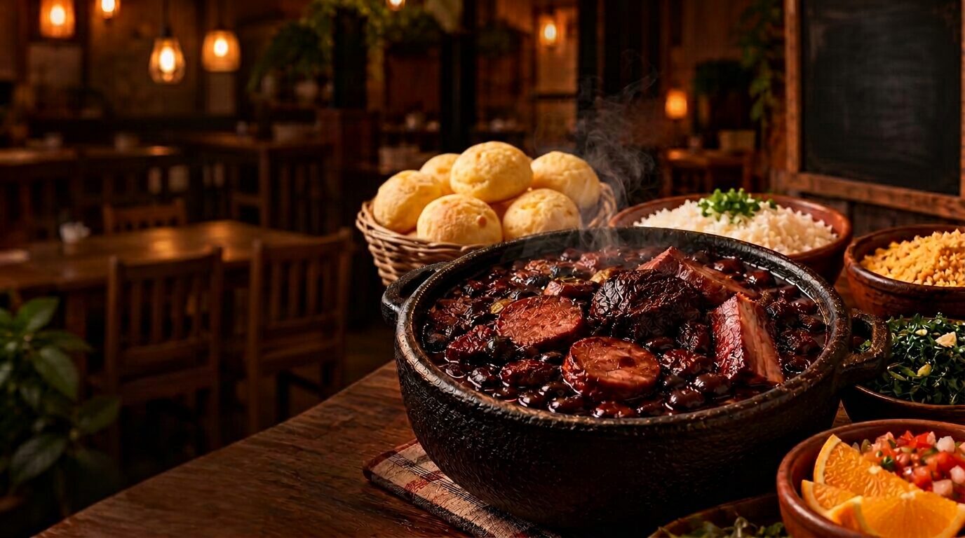Panela de feijoada fumegando sobre mesa de madeira rústica, com pão de queijo, arroz, farofa, couve e laranja ao fundo