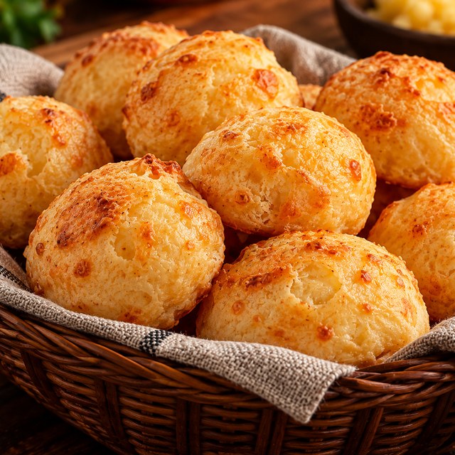 Cesta de pães de queijo brasileiros dourados, servidos quentinhos